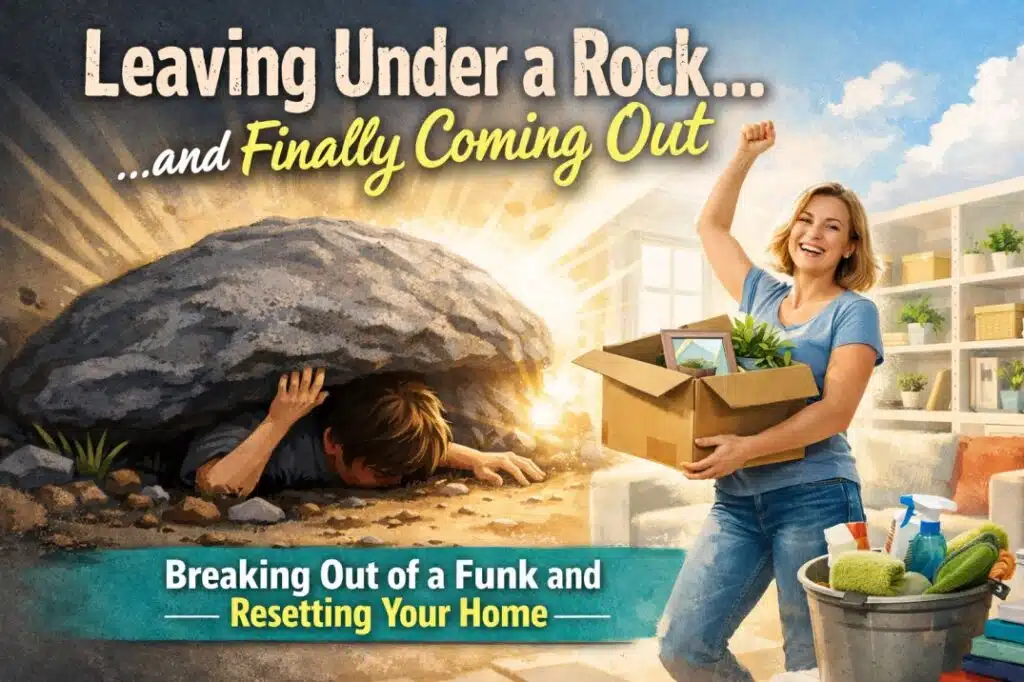 Leaving Under a Rock… and Finally Coming Out: Breaking Out of a Funk and Resetting Your Home 1 A bright, organized living room with sunlight streaming through a window, symbolizing a fresh start and a home reset.
