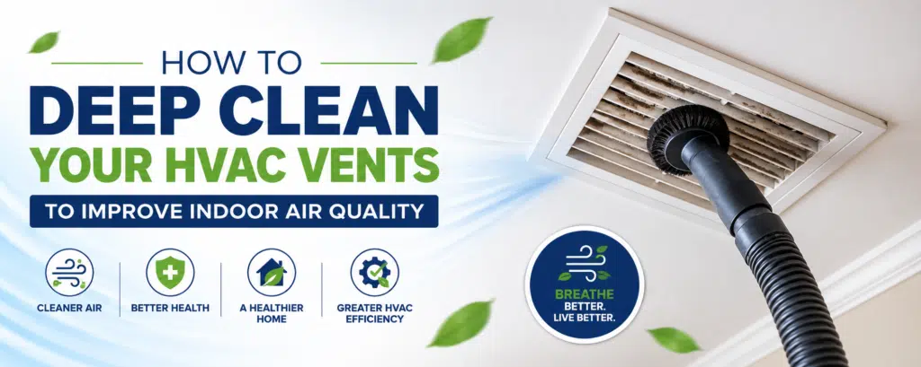 How to Deep Clean Your HVAC Vents to Improve Indoor Air Quality 1 Professional cleaning technician deep cleaning HVAC air vents to improve indoor air quality by removing dust, allergens, and debris from home ventilation ducts.