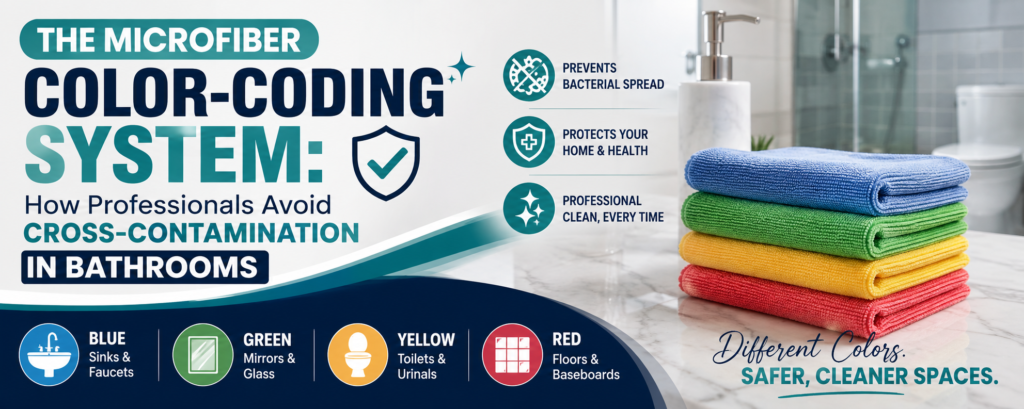The Microfiber Color-Coding System: How Professionals Avoid Cross-Contamination in Bathrooms 1 Microfiber Color-Coding for Bathroom Cleaning